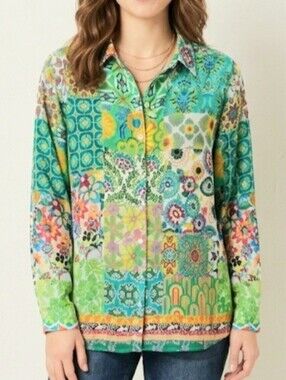 Shana Colorful Long Sleeve Blouse Size Large Button- Up Floral Artsy